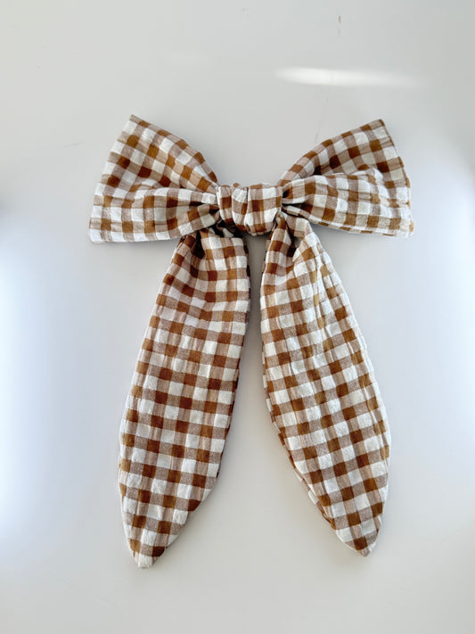Upcycled Coffee Gingham Hair Bow Clip – Handmade & One of a Kind