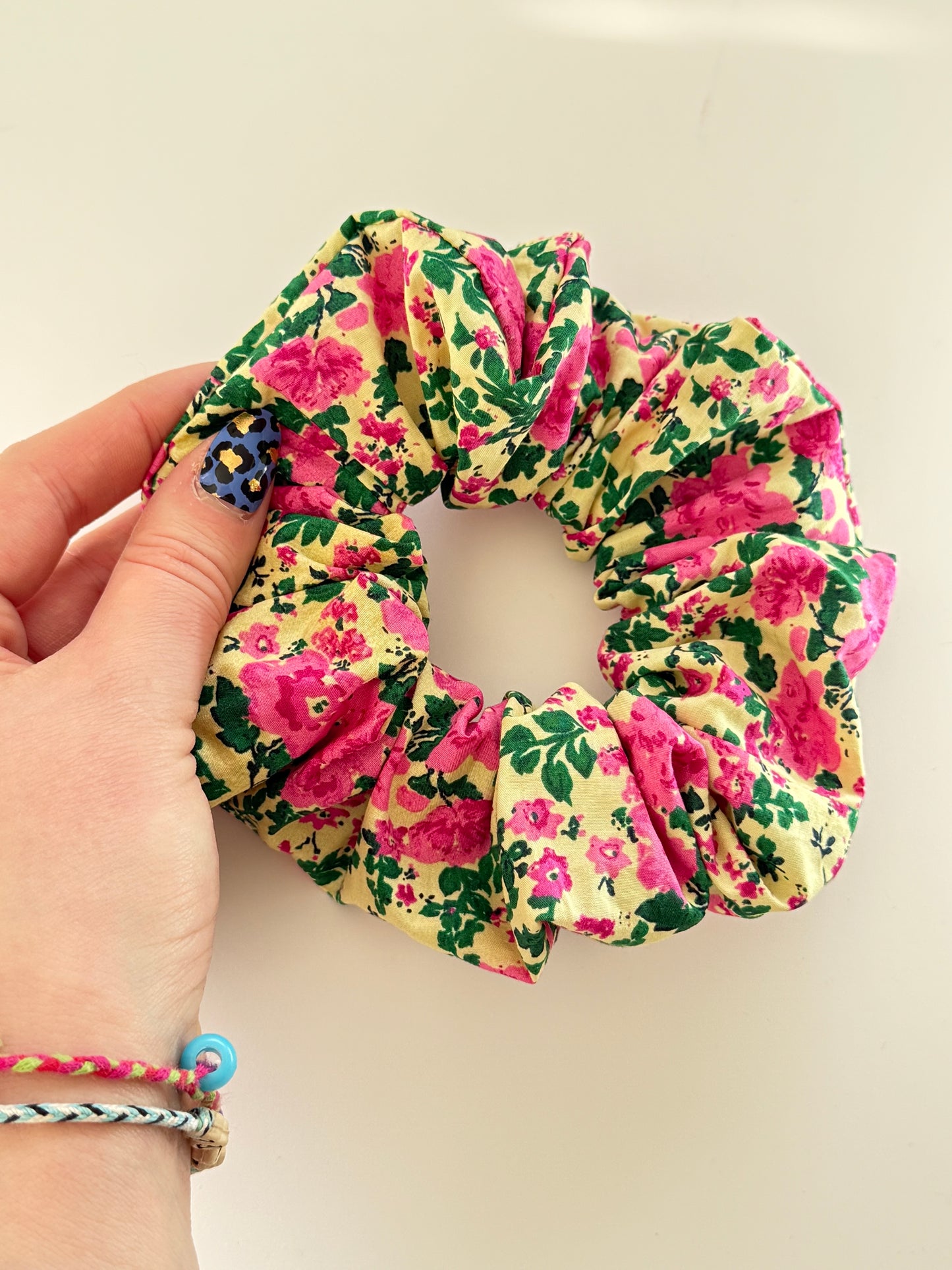 Boho Upcycled Pink Floral Hair Scrunchie – Handmade & One of a Kind