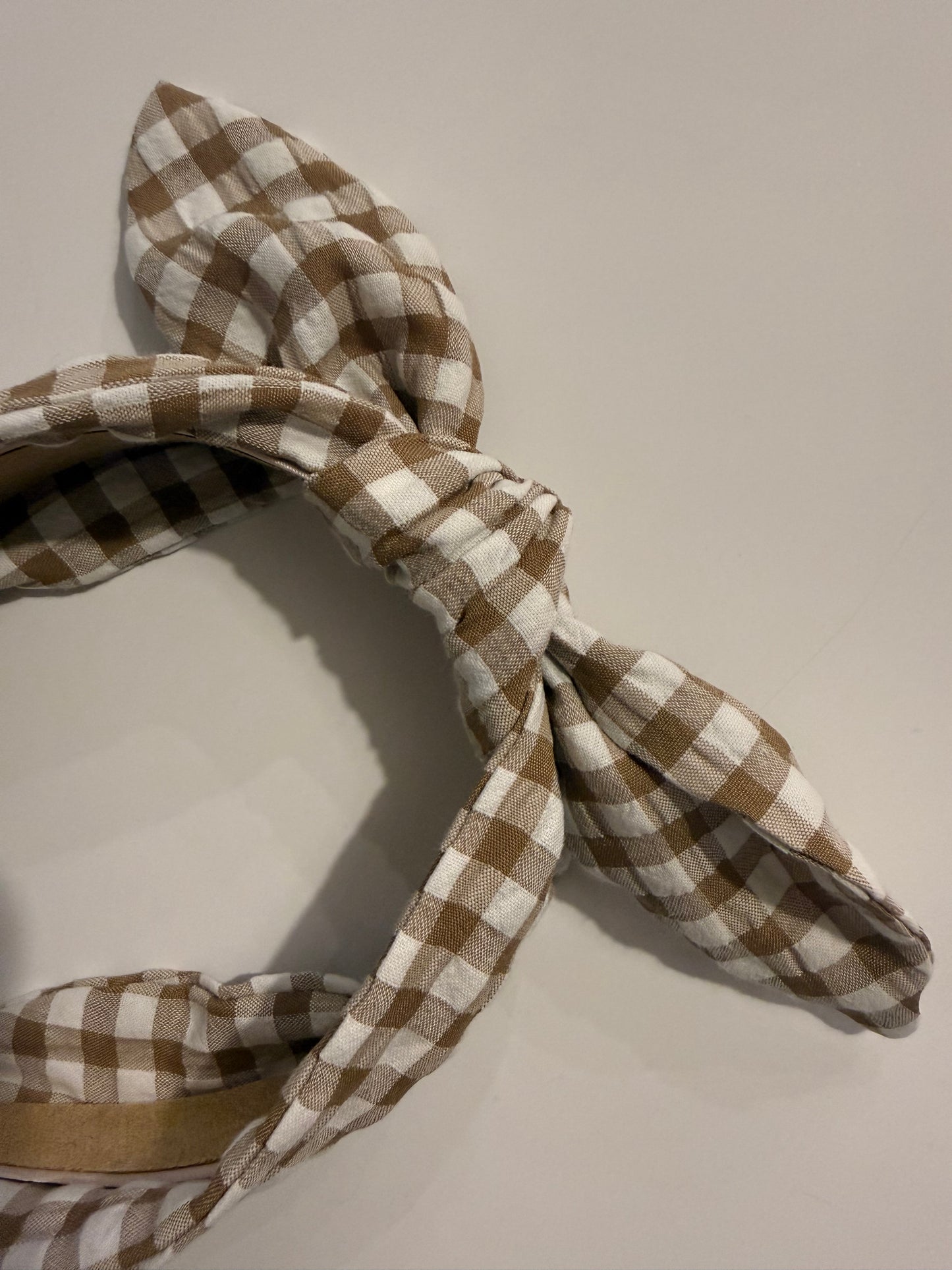 Boho Upcycled Bow Headband – Coffee Gingham