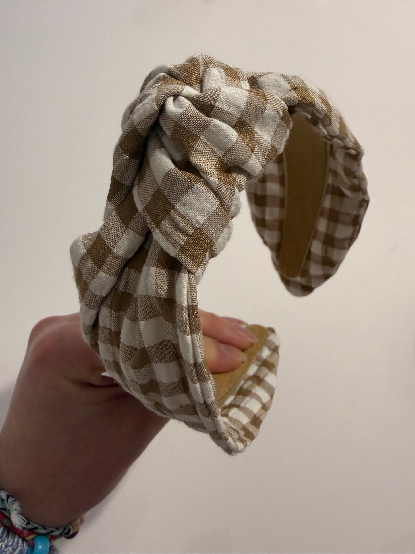 Boho Upcycled Knotted Headband – Coffee Gingham