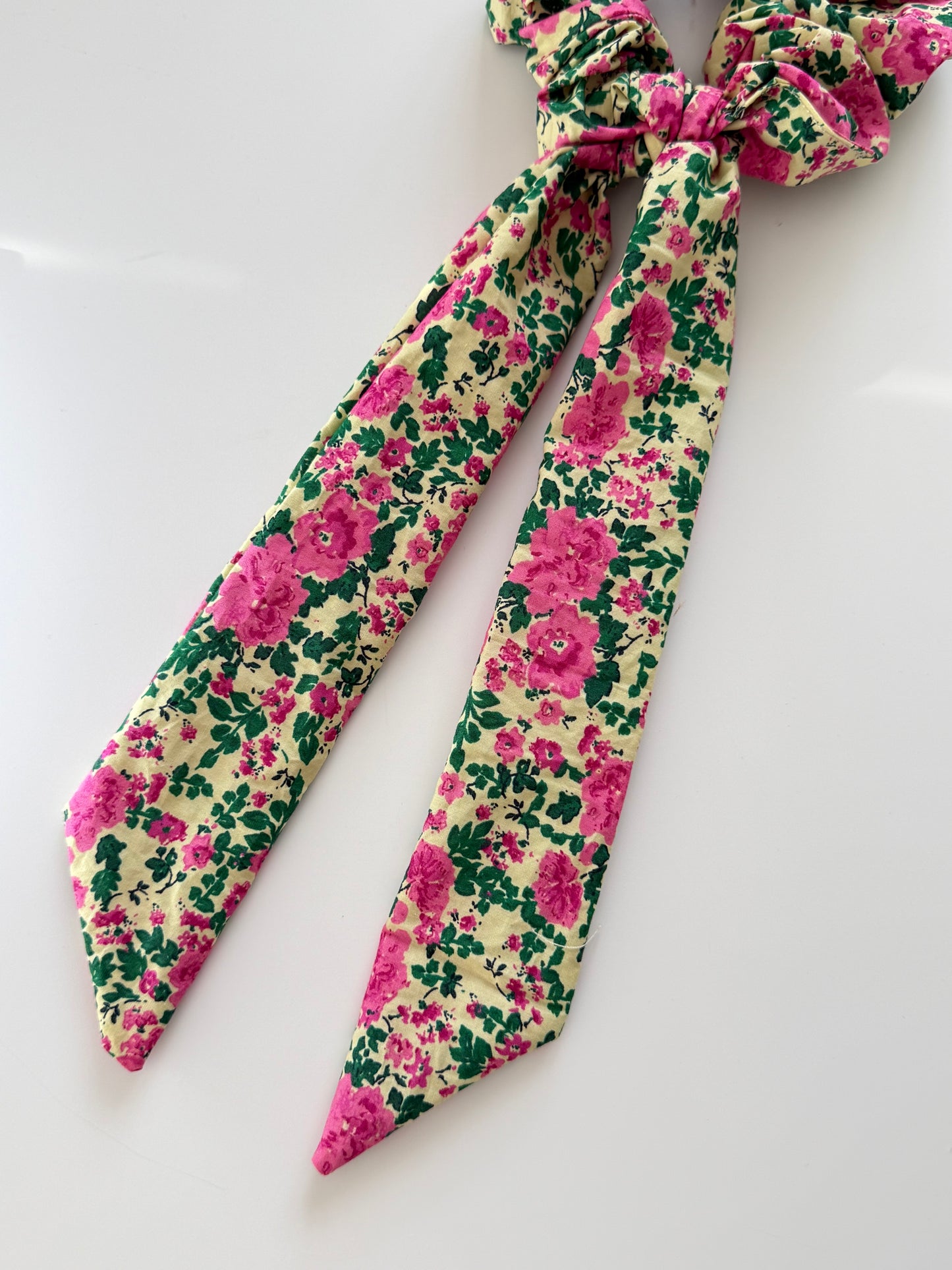 Upcycled Pink Floral Scarf Scrunchie – Handmade & One of a Kind