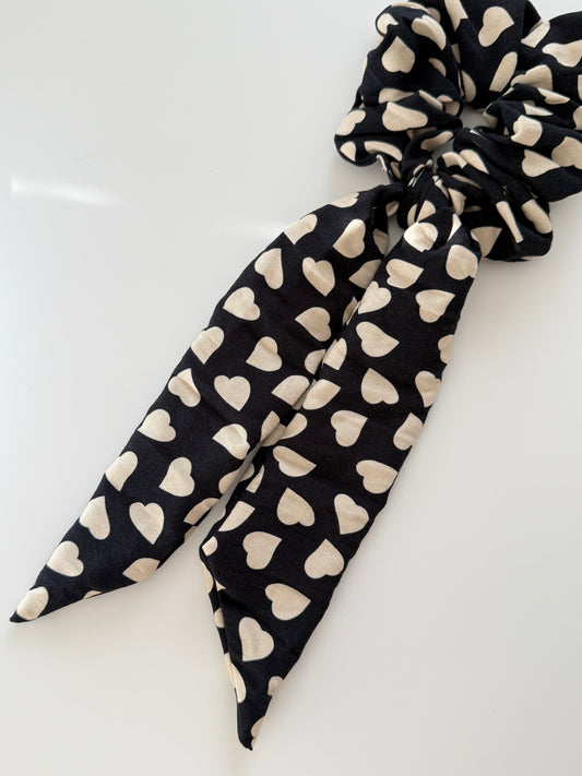 Upcycled Cream Hearts Scarf Scrunchie – Handmade & One of a Kind