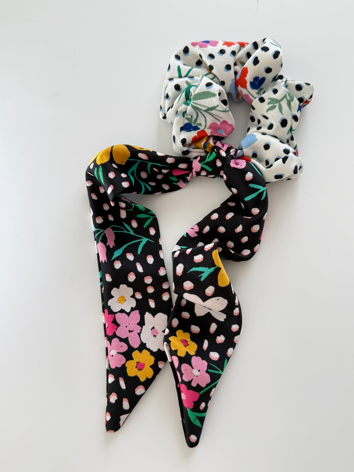 Upcycled Two-Tone Floral Scarf Scrunchie – Handmade & One of a Kind