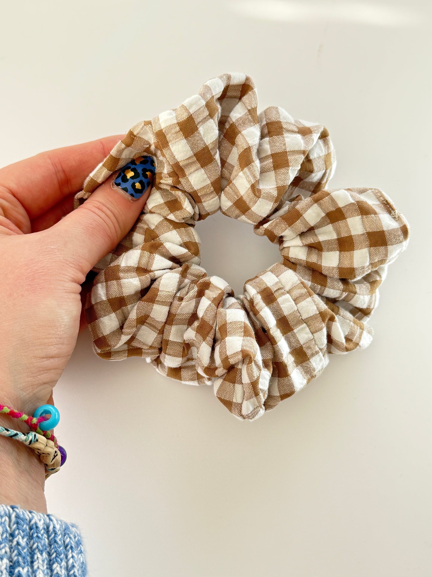 Boho Upcycled Coffee Gingham Hair Scrunchie – Handmade & One of a Kind