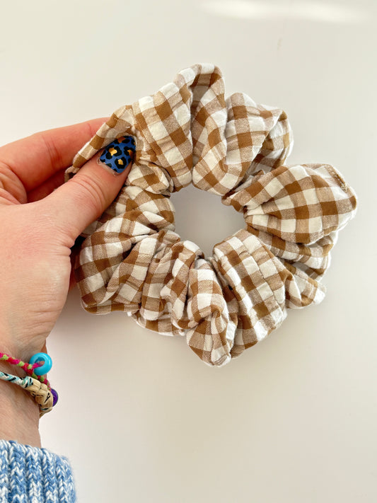 Boho Upcycled Coffee Gingham Hair Scrunchie – Handmade & One of a Kind