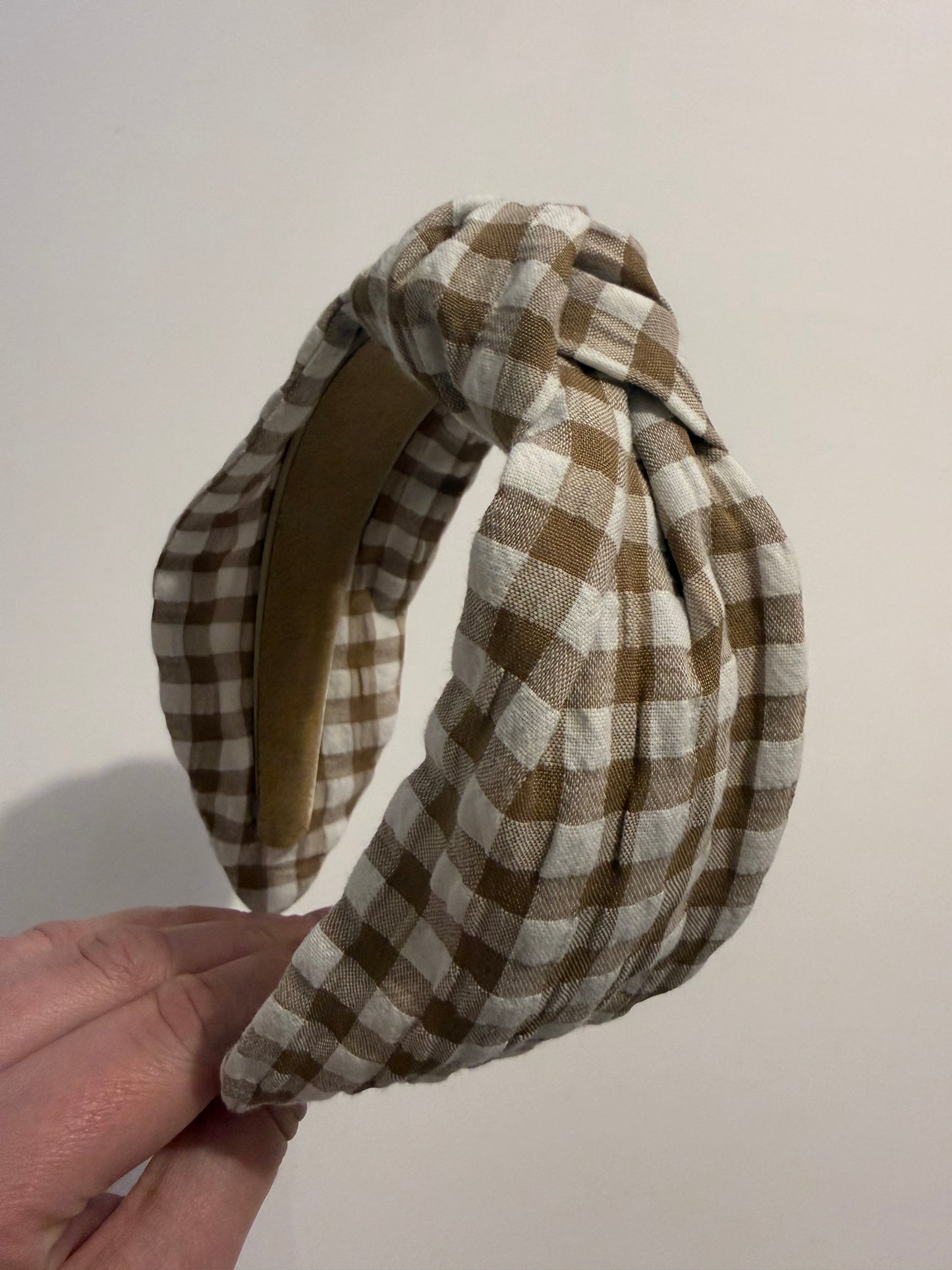 Boho Upcycled Knotted Headband – Coffee Gingham