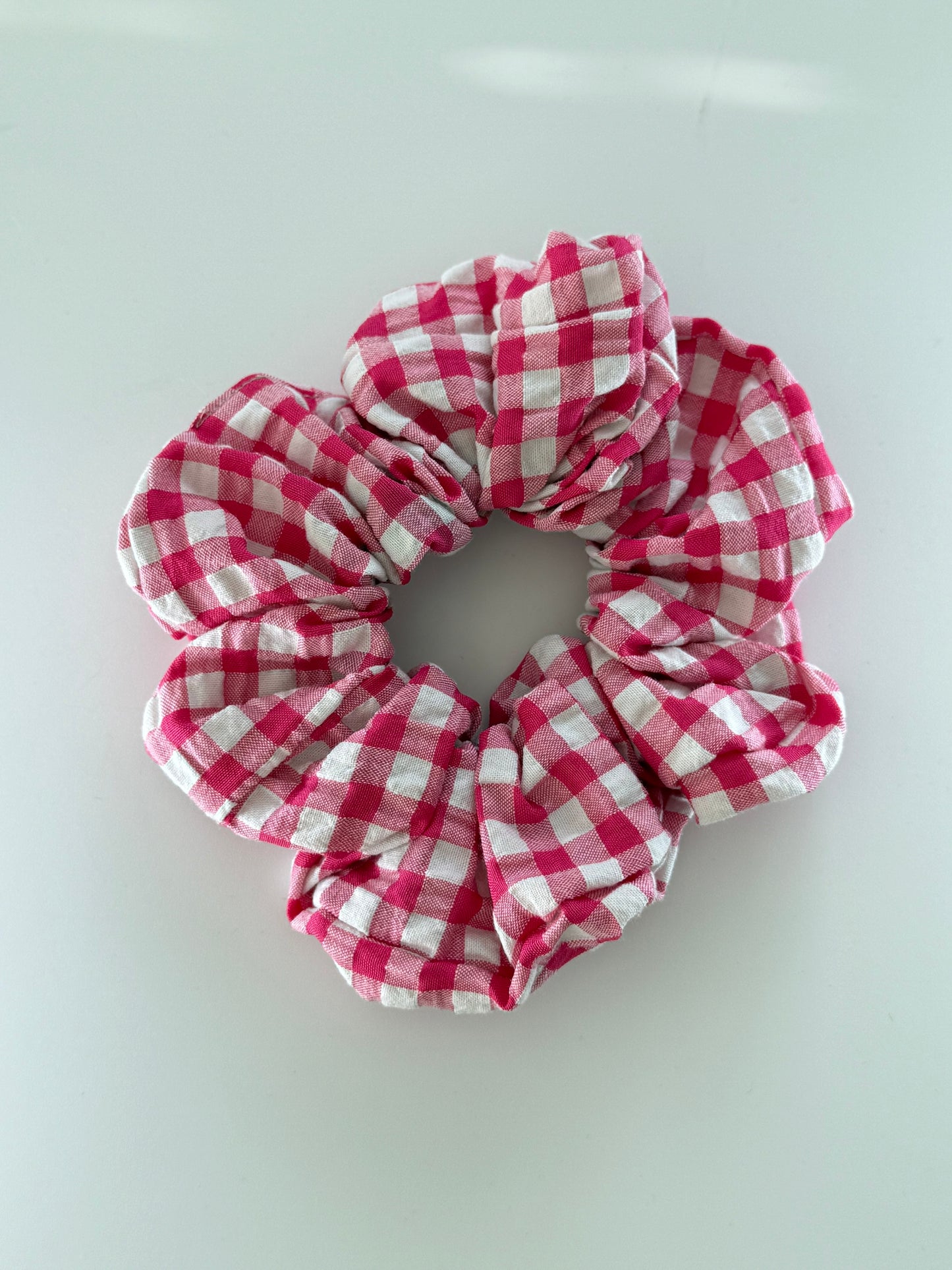 Boho Upcycled Pink Gingham Hair Scrunchie – Handmade & One of a Kind