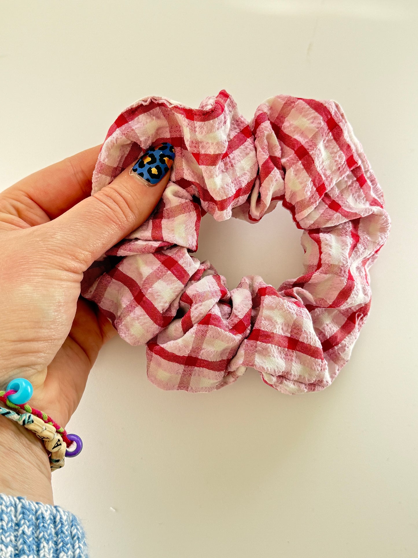 Boho Upcycled Pink and Red Check Hair Scrunchie – Handmade & One of a Kind