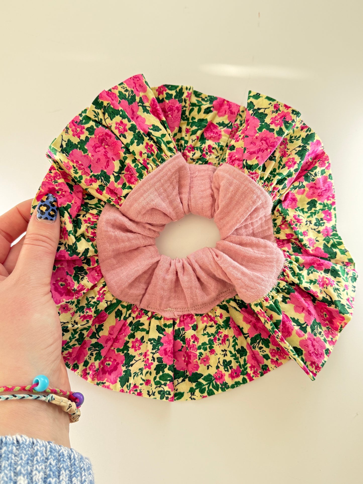 *SAMPLE* Boho Upcycled Large Frill Pink Floral Hair Scrunchie – Handmade & One of a Kind