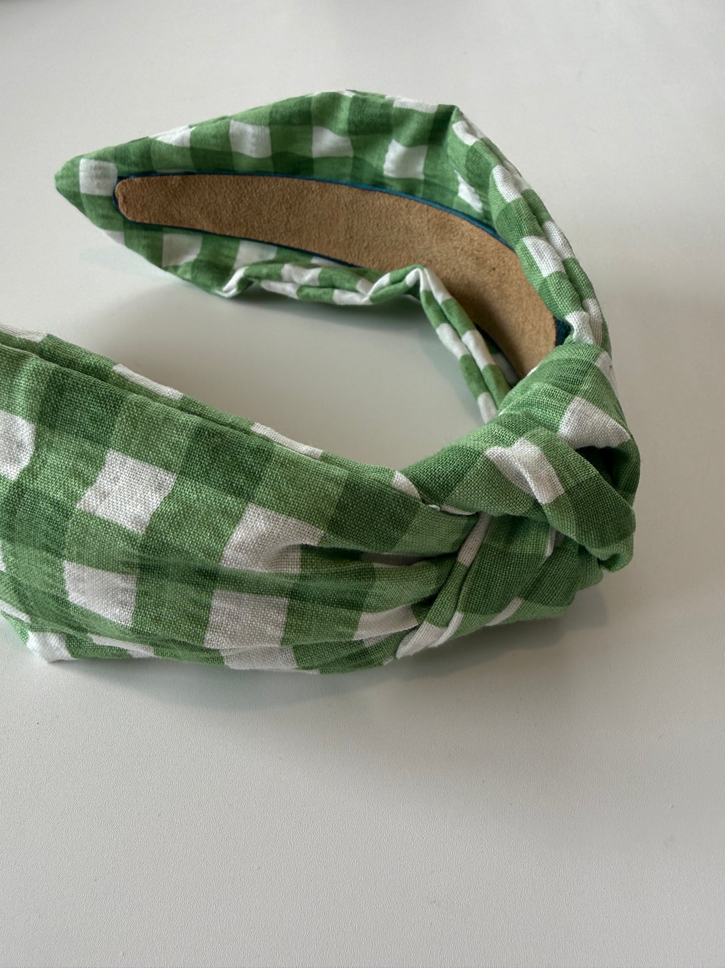 Boho Knotted Headband – Textured Green Gingham