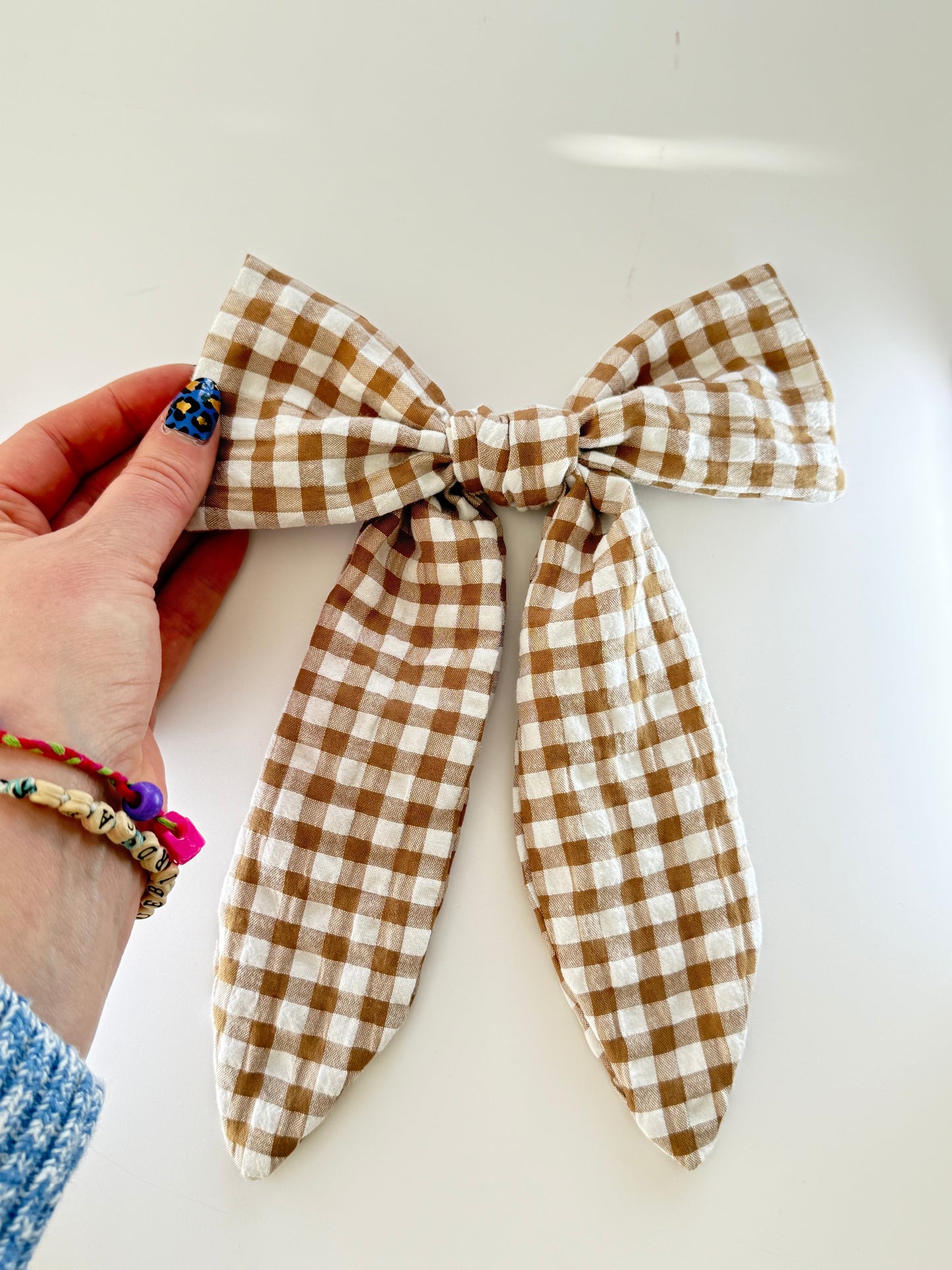 Upcycled Coffee Gingham Hair Bow Clip – Handmade & One of a Kind