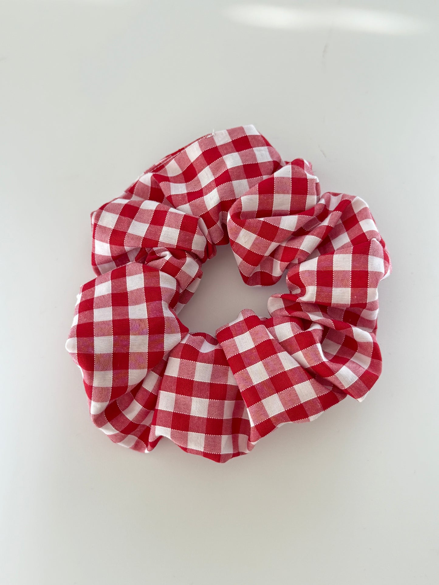 Boho Upcycled Red Gingham Hair Scrunchie – Handmade & One of a Kind