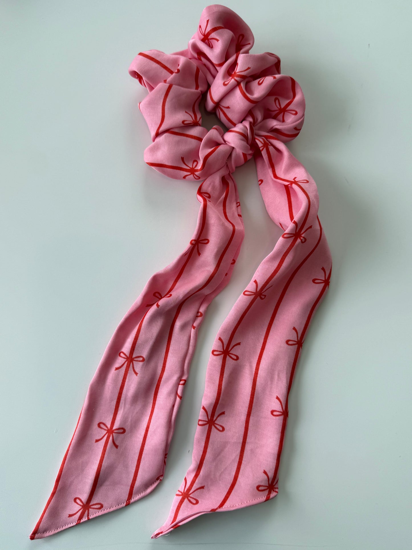 Red Bow Stripe Scarf Scrunchie – Handmade & One of a kind