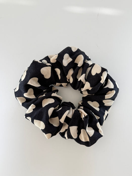 Boho Upcycled Cream Hearts Hair Scrunchie – Handmade & One of a Kind
