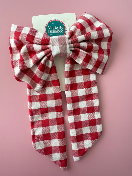 Red Gingham Fabric Bow Clip